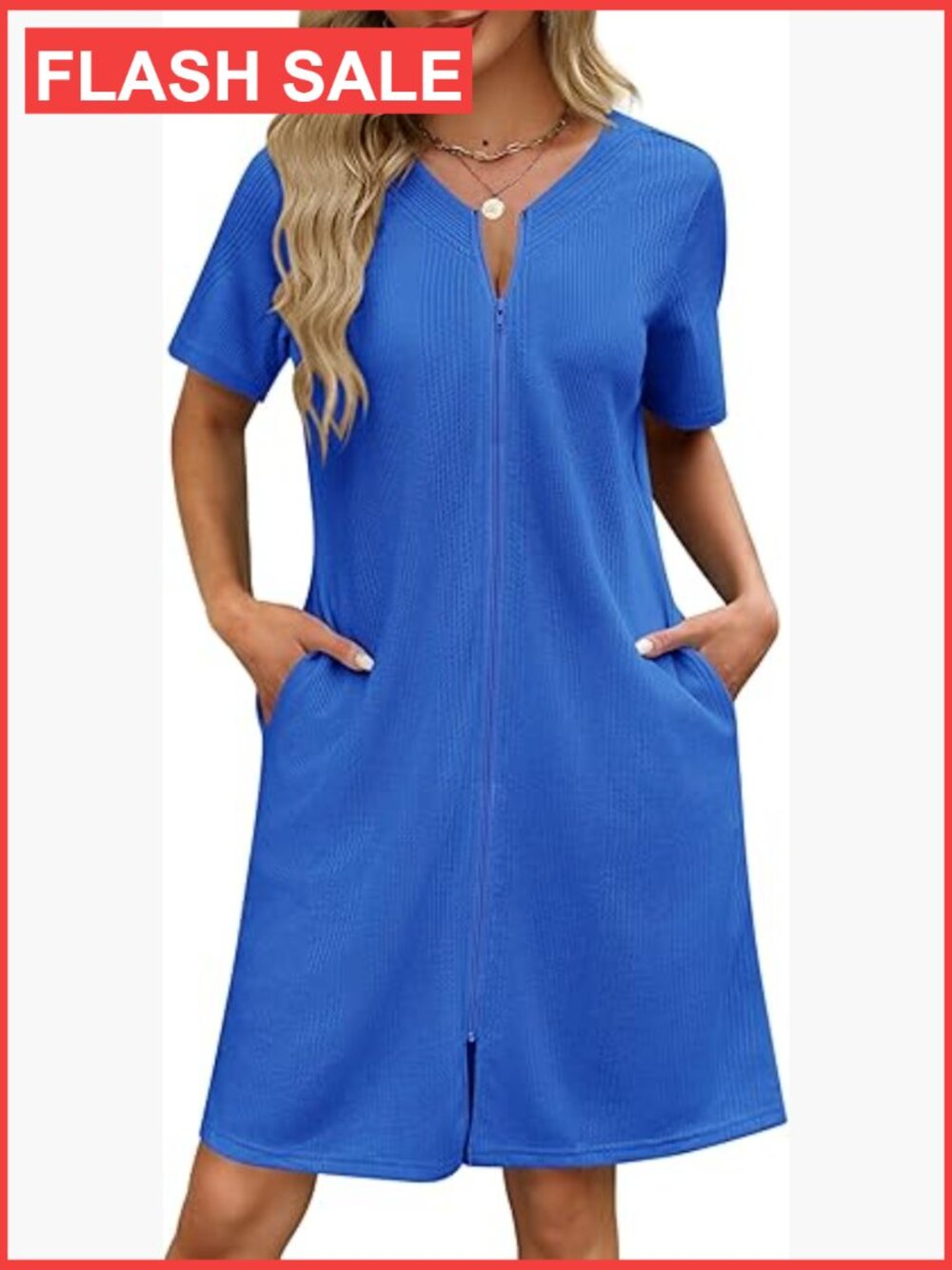 Zipper Robe Waffle Short Bathrobe Lightweight House Coat with Pockets S-3XL